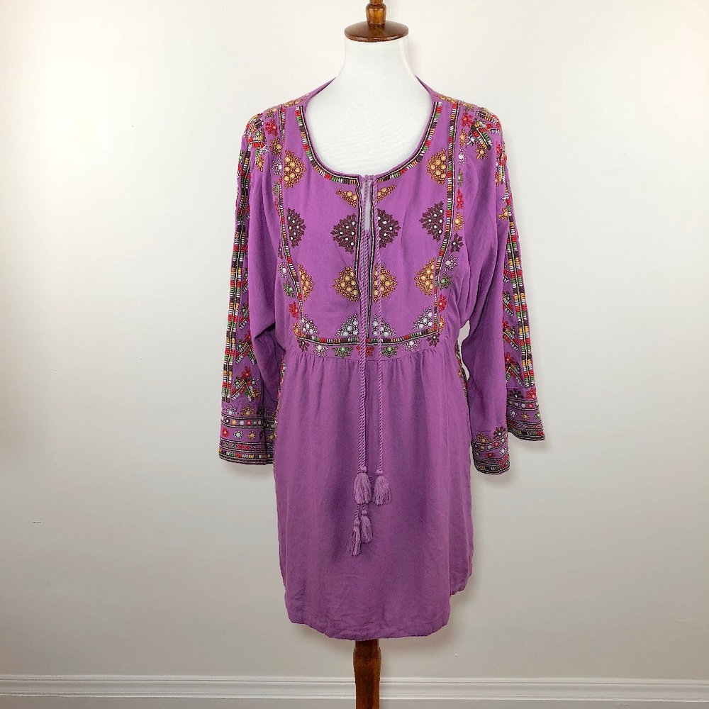 Free People Purple Embroidered Peasant Dress Large